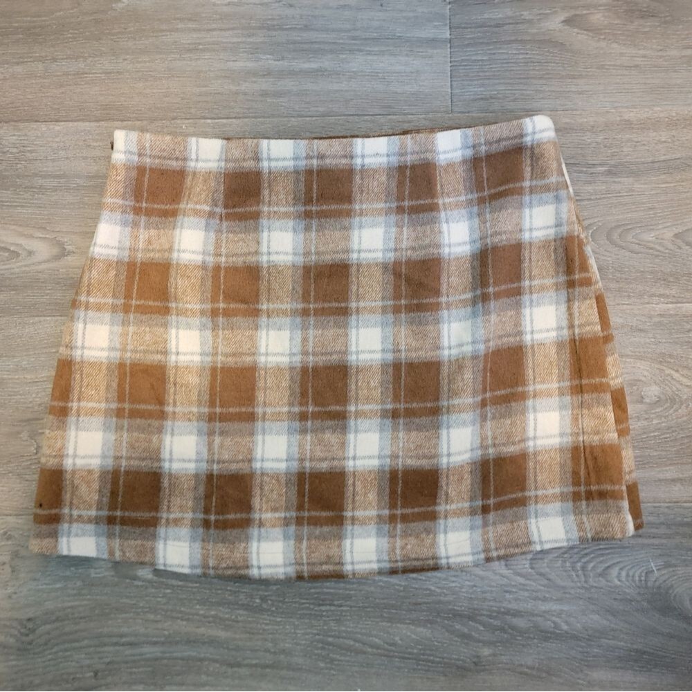 Lulus Mad for Plaid Brown and Blue Plaid Faux Wrap Mini Skirt Xlarge - Picture 4 of 6